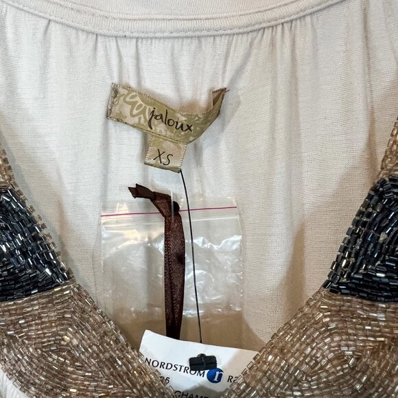 Jaloux NWT Womens Top XS Tan Beaded V Neck Short Sleeve Shirt Size Extra Small - Picture 6 of 7